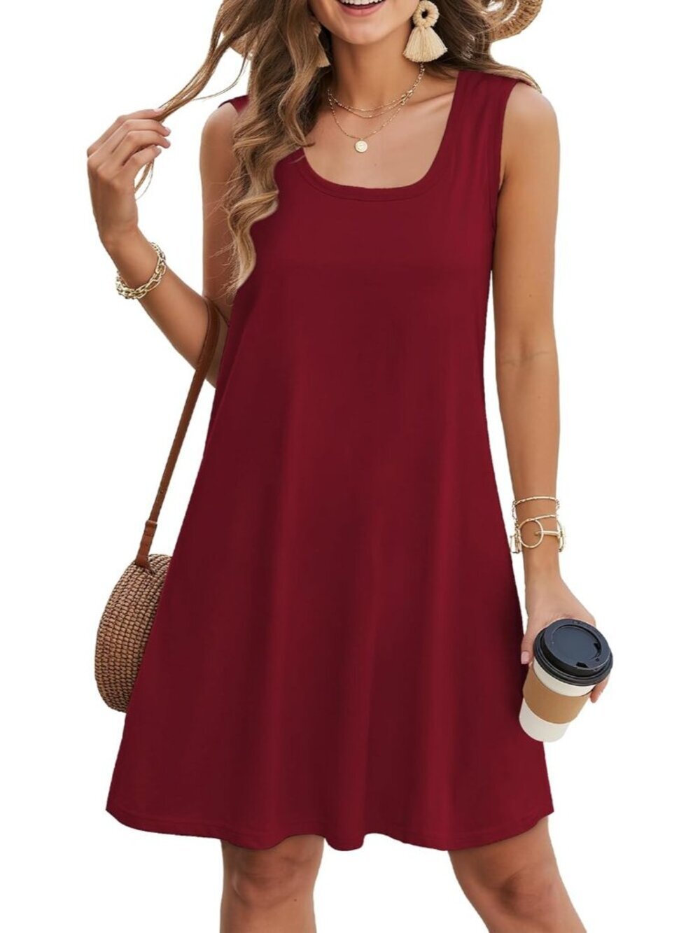 Women's Red Crew Neck Beach Boho Dress Casual Sleeveless Pull On Pockets Dress
